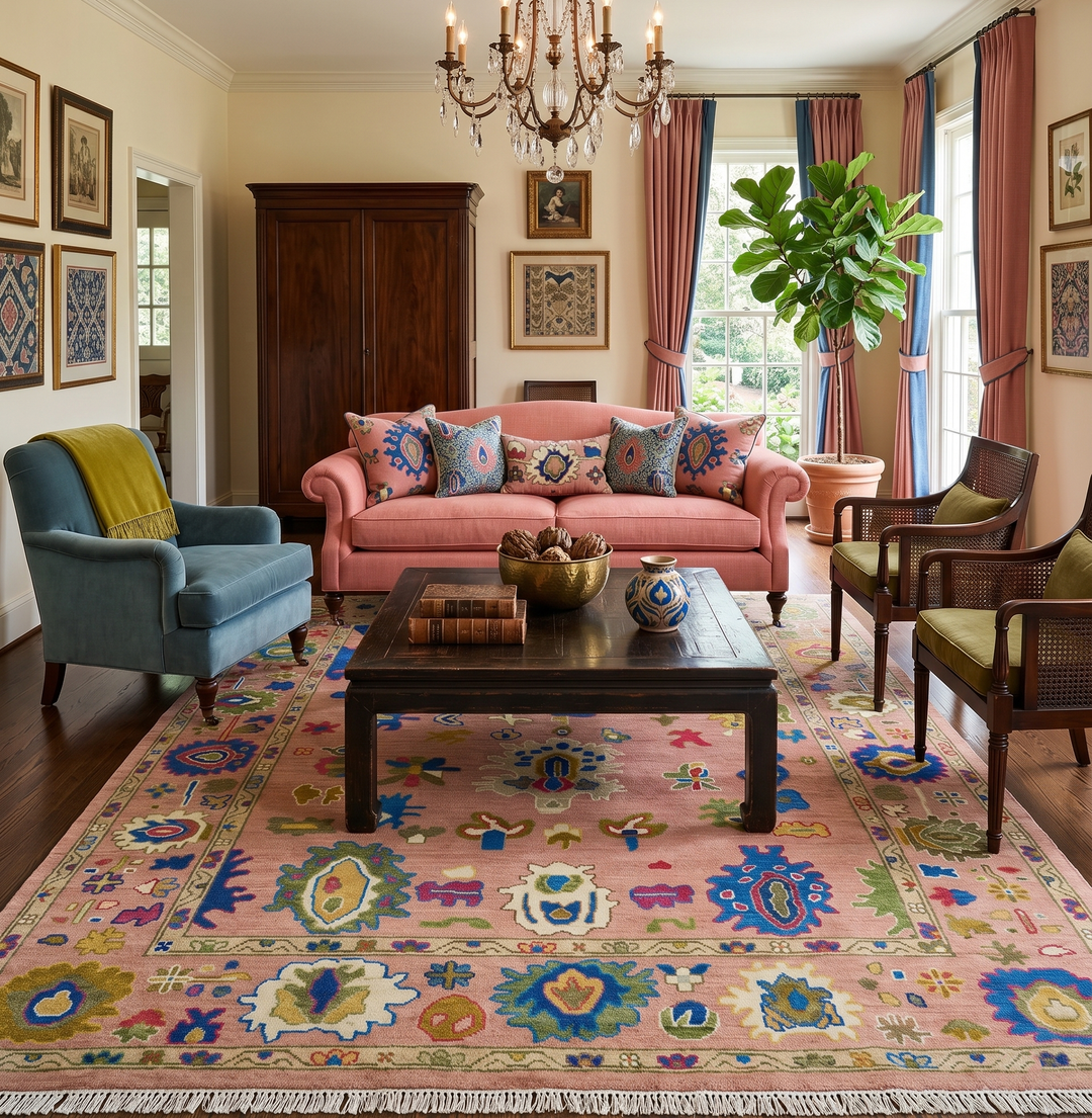 Peach, Blue and Olive Hand knotted Traditional Custom Made Oushak wool Area Rug - The Rug Decor