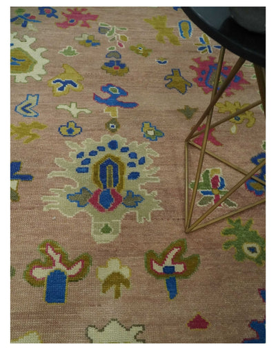 Peach, Blue and Olive Hand knotted Traditional Custom Made Oushak wool Area Rug - The Rug Decor