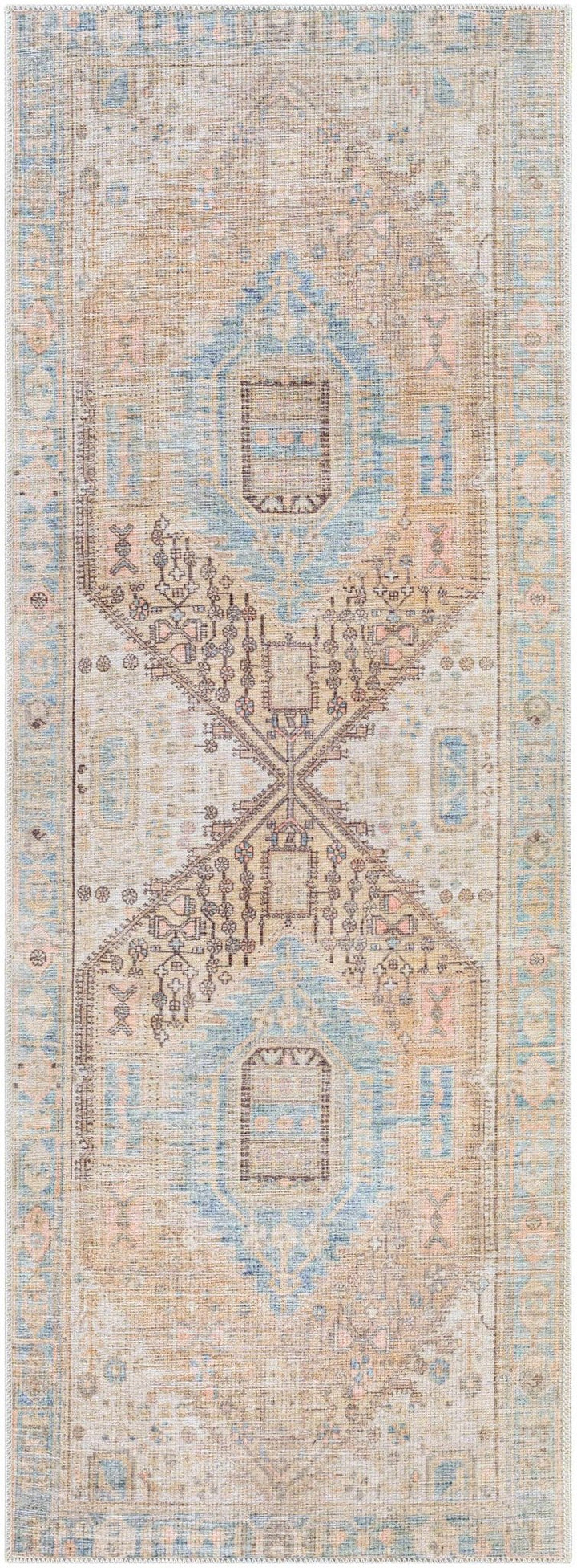 Peach, Blue, Brown and Beige Traditional Vintage Style Machine Washable Area Rug - The Rug Decor