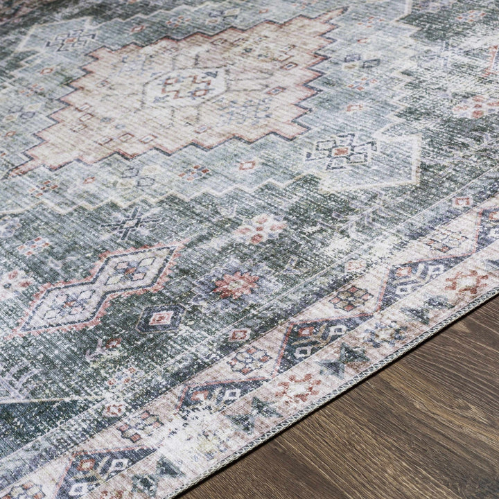 Peach, Gray, Green and Charcoal Geometric Gradient Pattern Washable Area Rug - The Rug Decor