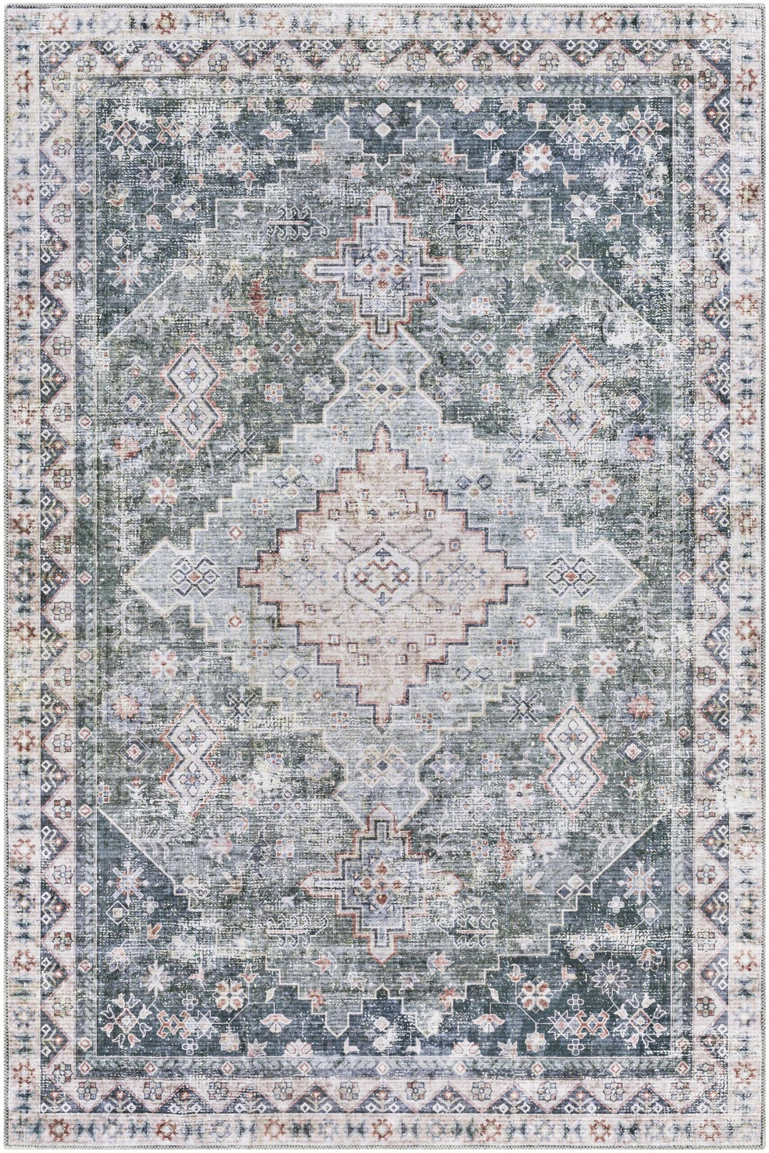 Peach, Gray, Green and Charcoal Geometric Gradient Pattern Washable Area Rug - The Rug Decor
