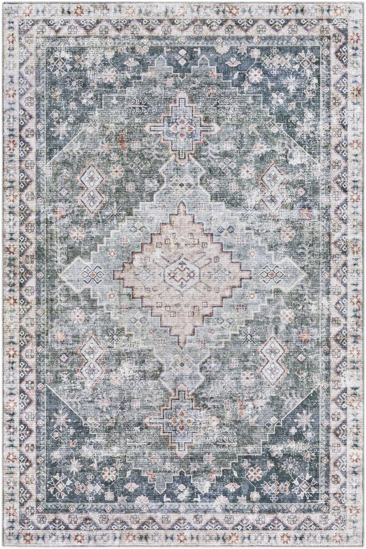 Peach, Gray, Green and Charcoal Geometric Gradient Pattern Washable Area Rug - The Rug Decor
