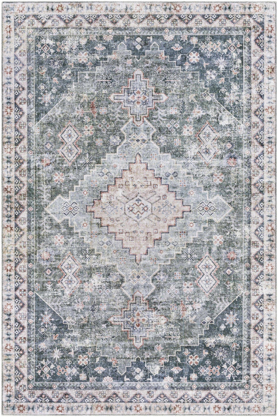 Peach, Gray, Green and Charcoal Geometric Gradient Pattern Washable Area Rug - The Rug Decor