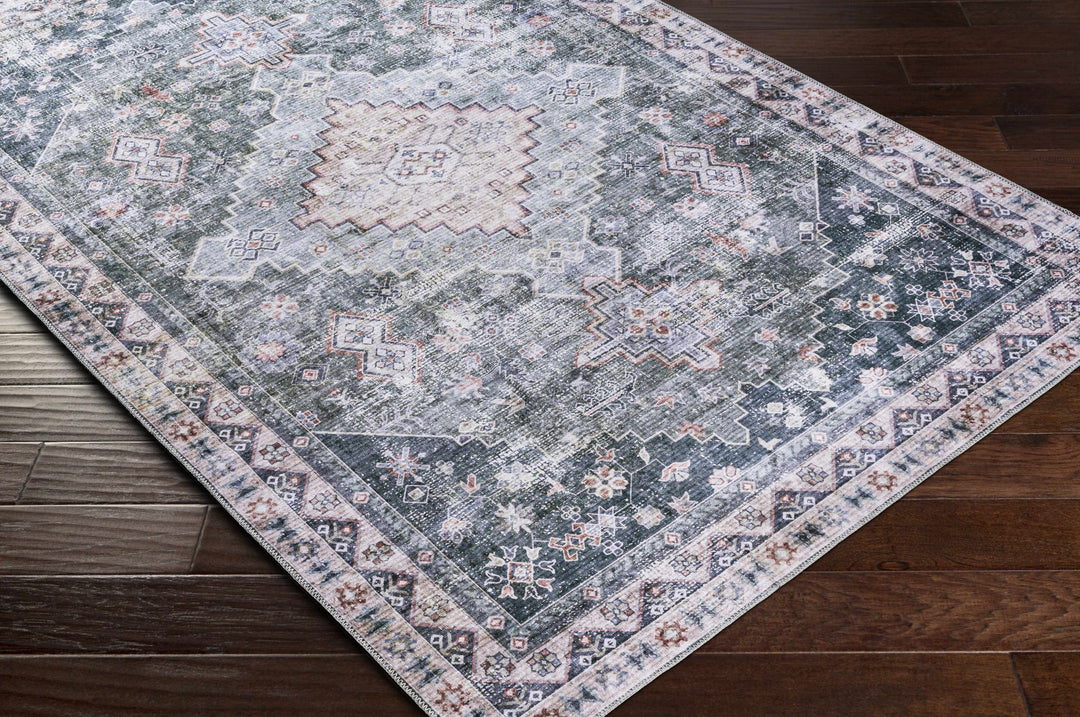 Peach, Gray, Green and Charcoal Geometric Gradient Pattern Washable Area Rug - The Rug Decor