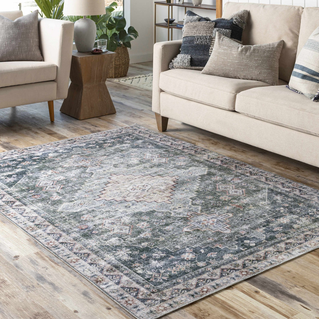Peach, Gray, Green and Charcoal Geometric Gradient Pattern Washable Area Rug - The Rug Decor