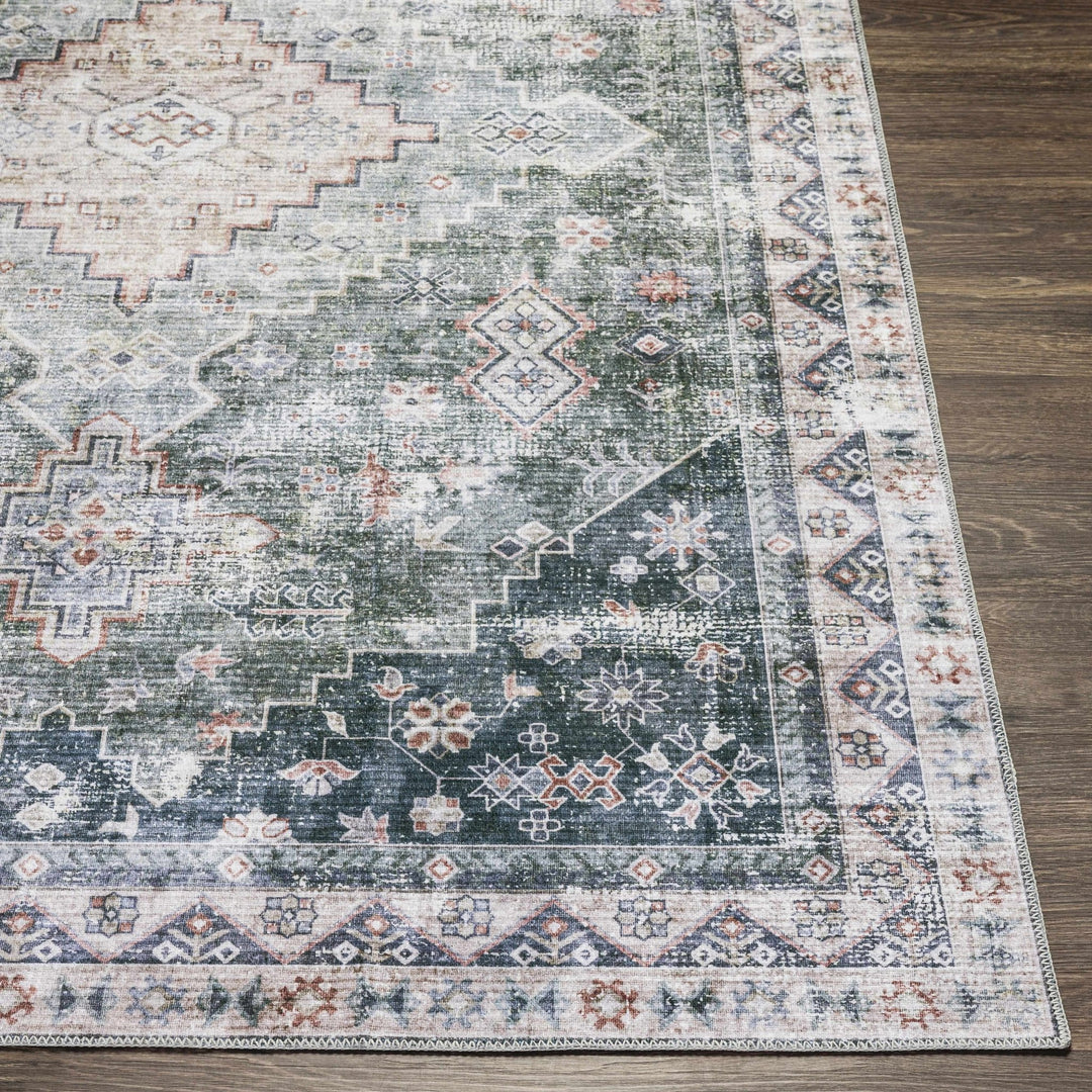 Peach, Gray, Green and Charcoal Geometric Gradient Pattern Washable Area Rug - The Rug Decor