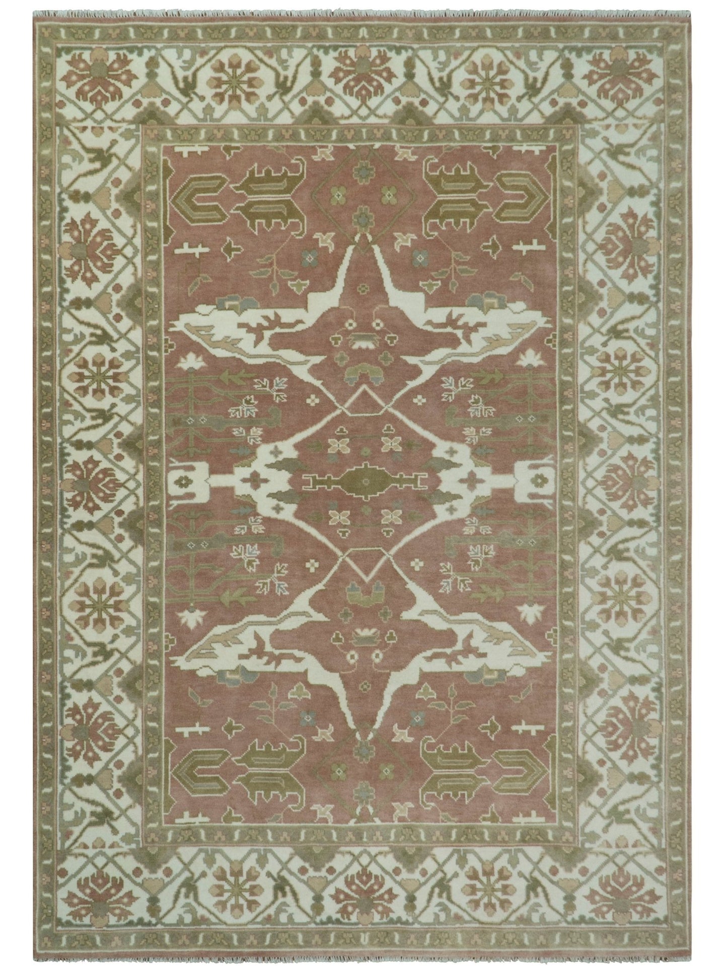 Peach, Ivory and Olive Hand knotted Multi size Oriental Oushak Traditional Wool Area Rug - The Rug Decor