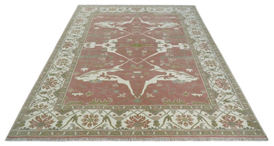 Peach, Ivory and Olive Hand knotted Multi size Oriental Oushak Traditional Wool Area Rug - The Rug Decor