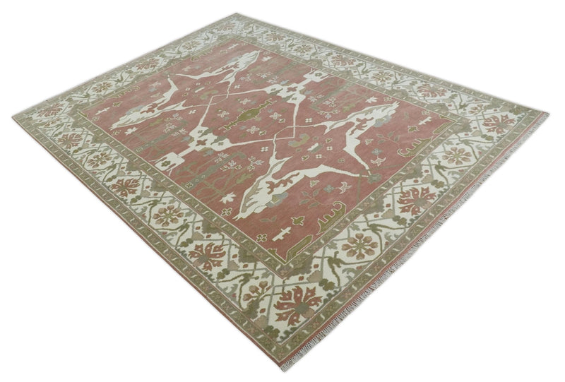 Peach, Ivory and Olive Hand knotted Multi size Oriental Oushak Traditional Wool Area Rug - The Rug Decor