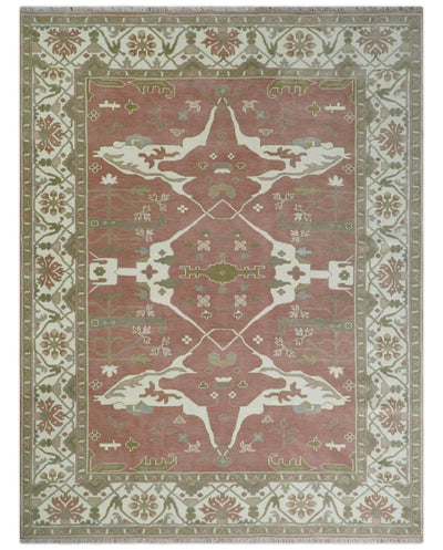 Peach, Ivory and Olive Hand knotted Multi size Oriental Oushak Traditional Wool Area Rug - The Rug Decor