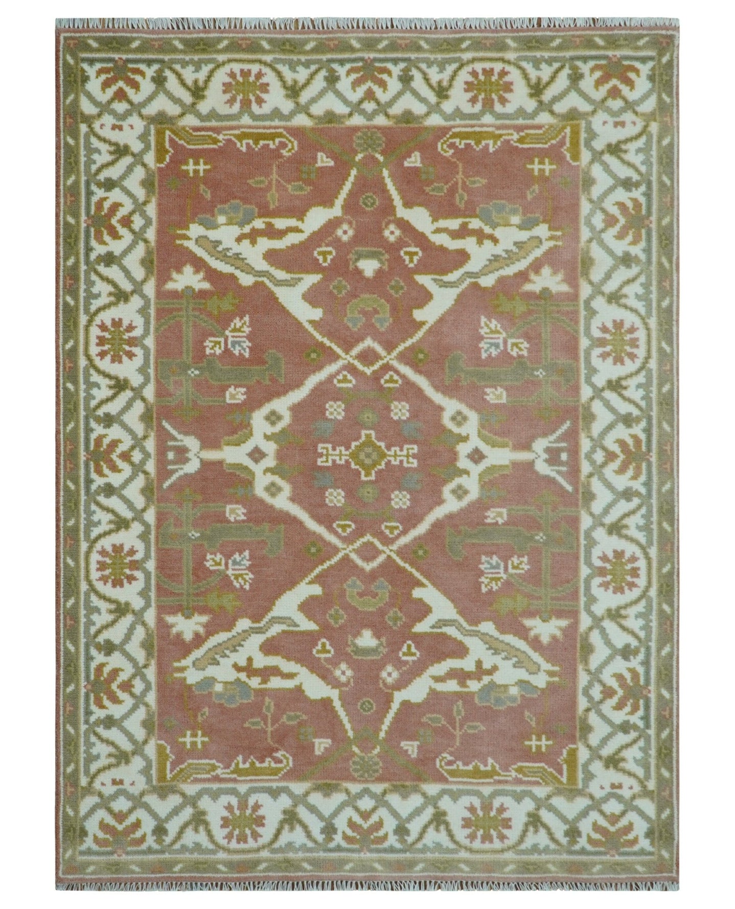 Peach, Ivory and Olive Hand knotted Multi size Oriental Oushak Traditional Wool Area Rug - The Rug Decor