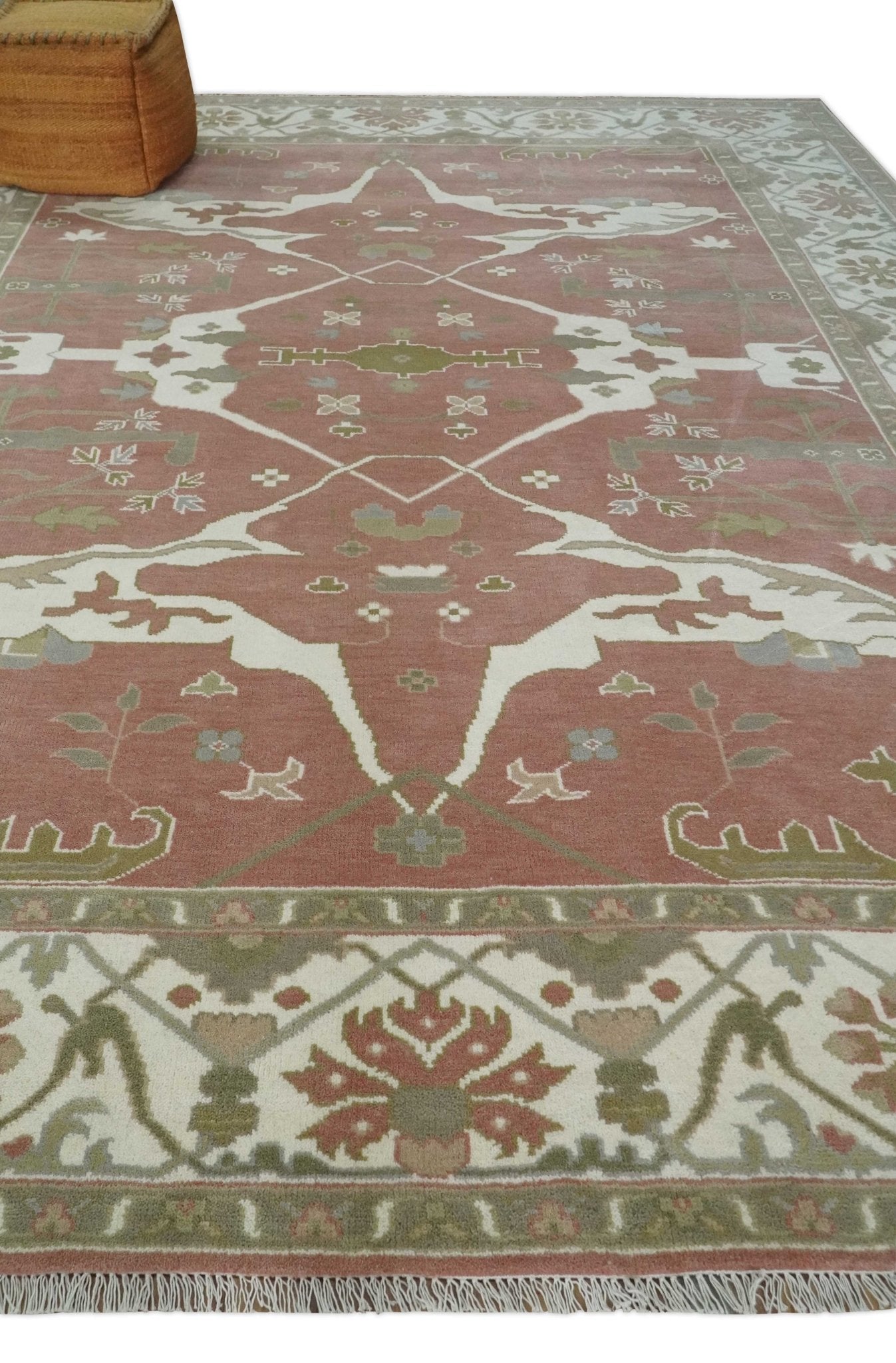 Peach, Ivory and Olive Hand knotted Multi size Oriental Oushak Traditional Wool Area Rug - The Rug Decor
