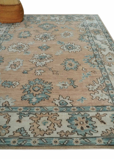 Peach, Ivory and Teal Hand knotted Traditional Oushak 8x10 wool Area Rug - The Rug Decor