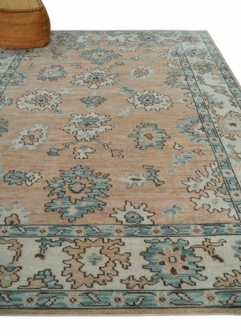 Peach, Ivory and Teal Hand knotted Traditional Oushak 8x10 wool Area Rug - The Rug Decor