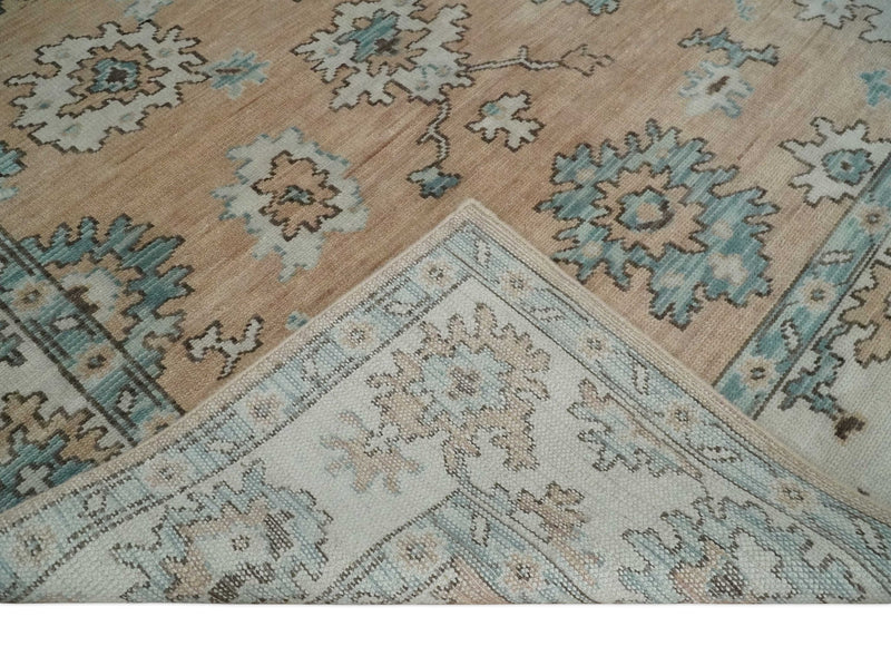 Peach, Ivory and Teal Hand knotted Traditional Oushak 8x10 wool Area Rug - The Rug Decor