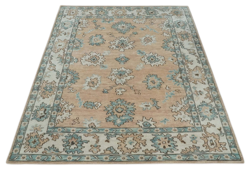 Peach, Ivory and Teal Hand knotted Traditional Oushak 8x10 wool Area Rug - The Rug Decor