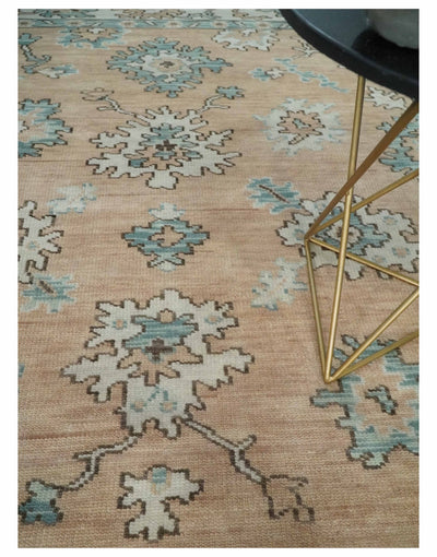 Peach, Ivory and Teal Hand knotted Traditional Oushak 8x10 wool Area Rug - The Rug Decor