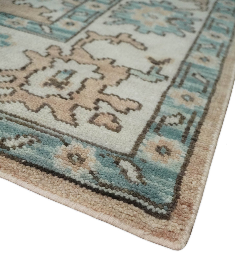 Peach, Ivory and Teal Hand knotted Traditional Oushak 8x10 wool Area Rug - The Rug Decor