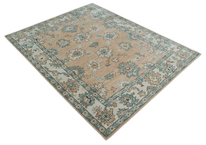 Peach, Ivory and Teal Hand knotted Traditional Oushak 8x10 wool Area Rug - The Rug Decor