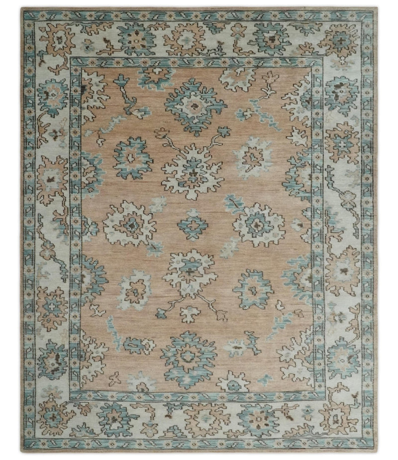 Peach, Ivory and Teal Hand knotted Traditional Oushak 8x10 wool Area Rug - The Rug Decor