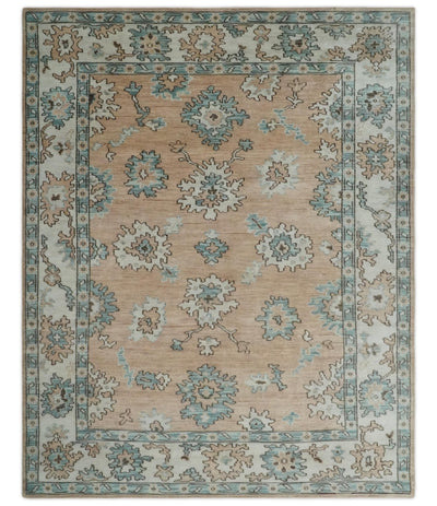 Peach, Ivory and Teal Hand knotted Traditional Oushak Multi Size wool Area Rug - The Rug Decor