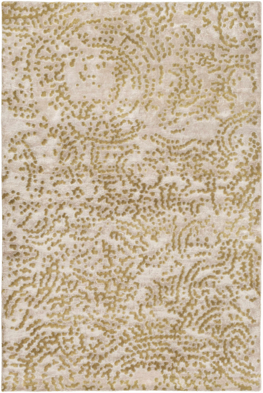 Wool hand-knotted rug with modern abstract beige and ivory swirl pattern