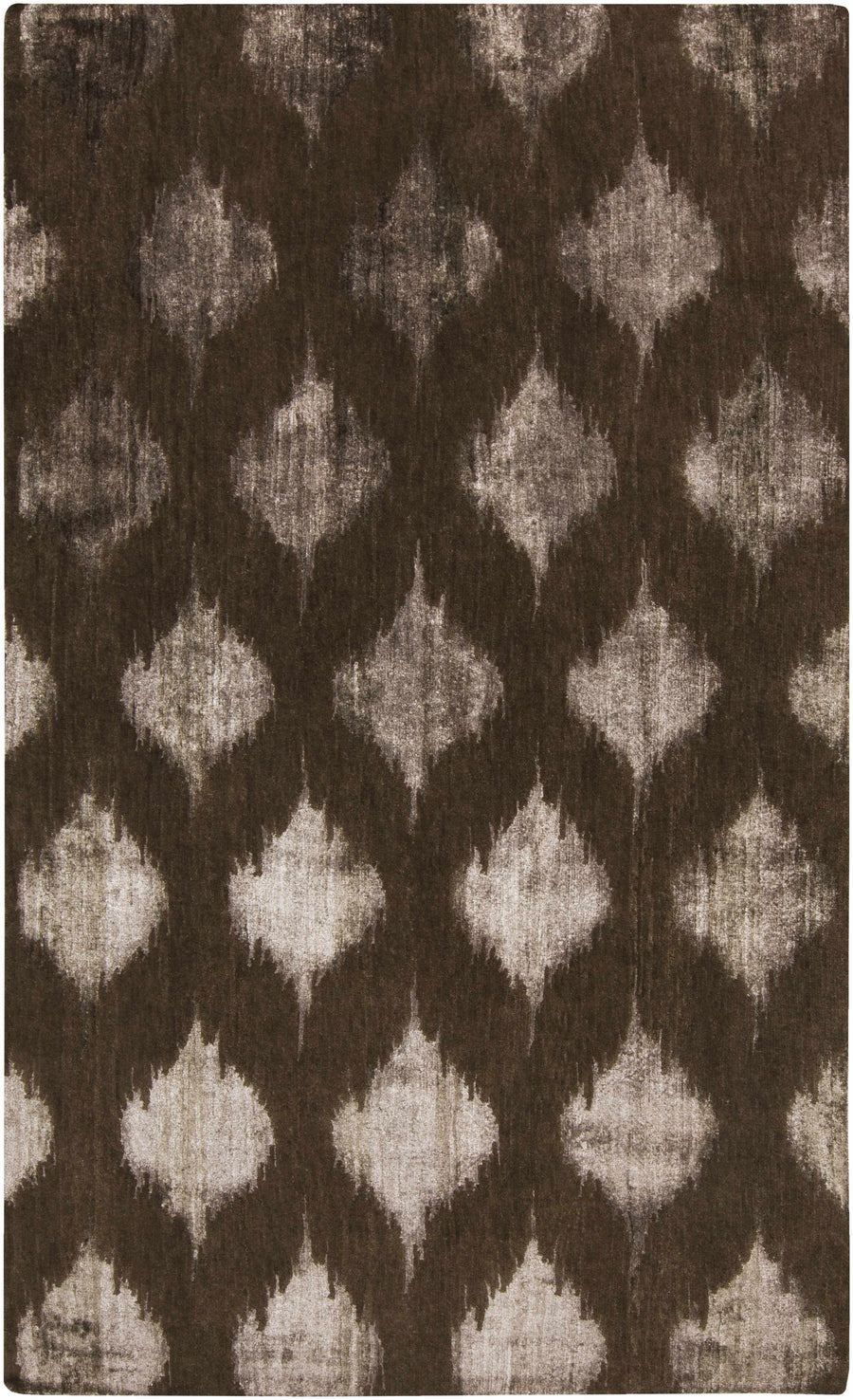 Hand-knotted wool area rug with brown and ivory diamond ikat pattern