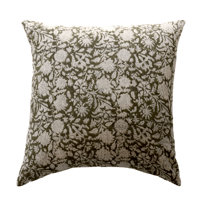 Perry Dark Green Floral Linen Pillow Cover - The Rug Decor