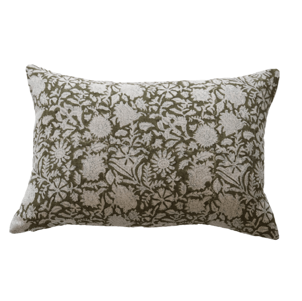 Perry Dark Green Floral Linen Pillow Cover - The Rug Decor