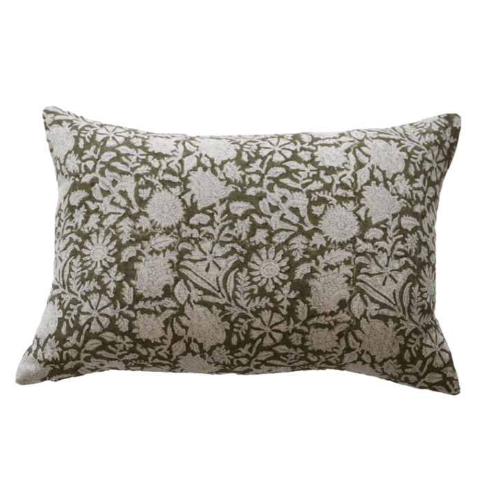 Perry Dark Green Floral Linen Pillow Cover - The Rug Decor