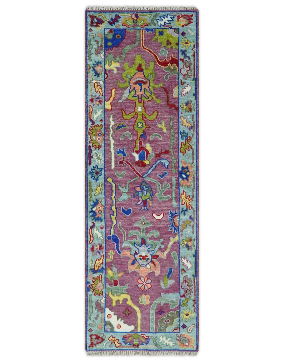 Custom Made Oushak Pink And Blue Runner Hand Knotted Wool Rug