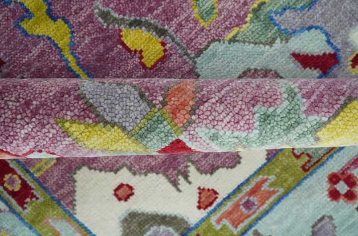 Custom Made Oushak Pink And Blue Runner Hand Knotted Wool Rug