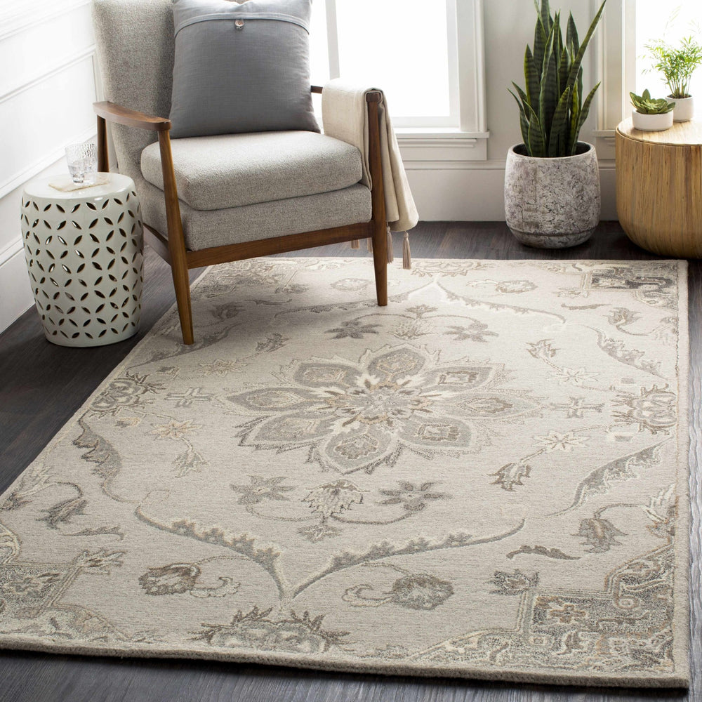 Peterstown Traditional Medallion Beige And Gray Wool Rug - The Rug Decor