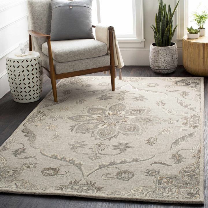Peterstown Traditional Medallion Beige And Gray Wool Rug - The Rug Decor
