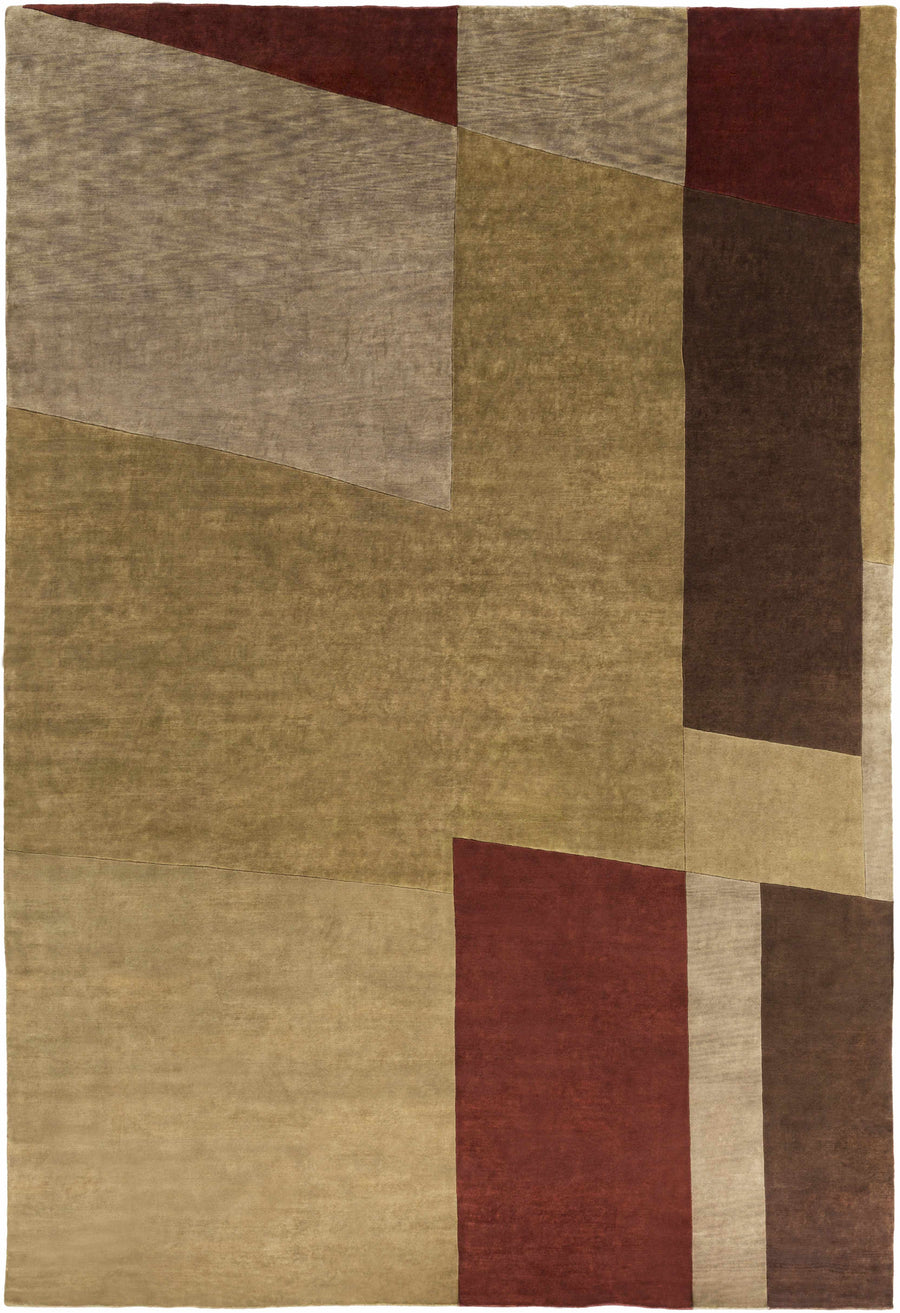 Hand-knotted wool abstract area rug with beige, brown, and burgundy patchwork blocks