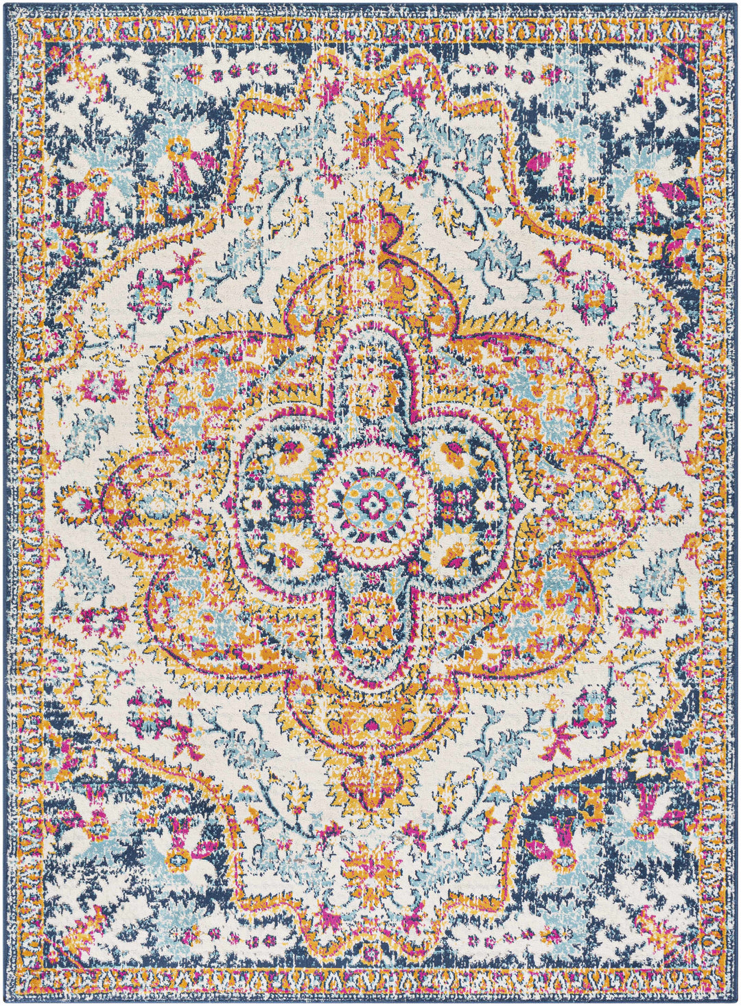 Pimperne Traditional Medallion Design Ivory And Blue Area Rug