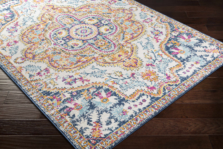 Pimperne Traditional Medallion Design Ivory And Blue Area Rug