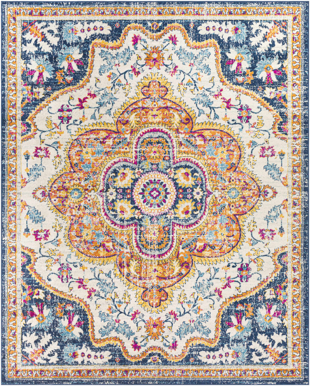 Pimperne Traditional Medallion Design Ivory And Blue Area Rug