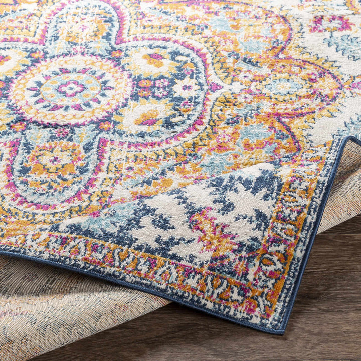 Pimperne Traditional Medallion Design Ivory And Blue Area Rug