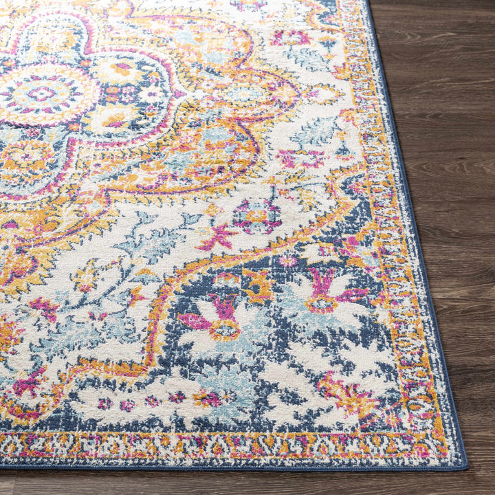 Pimperne Traditional Medallion Design Ivory And Blue Area Rug