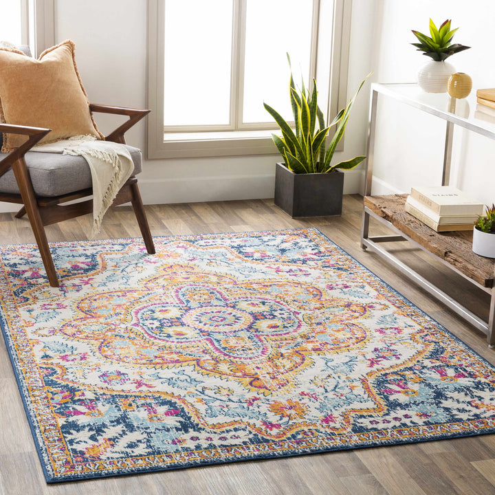 Pimperne Traditional Medallion Design Ivory And Blue Area Rug