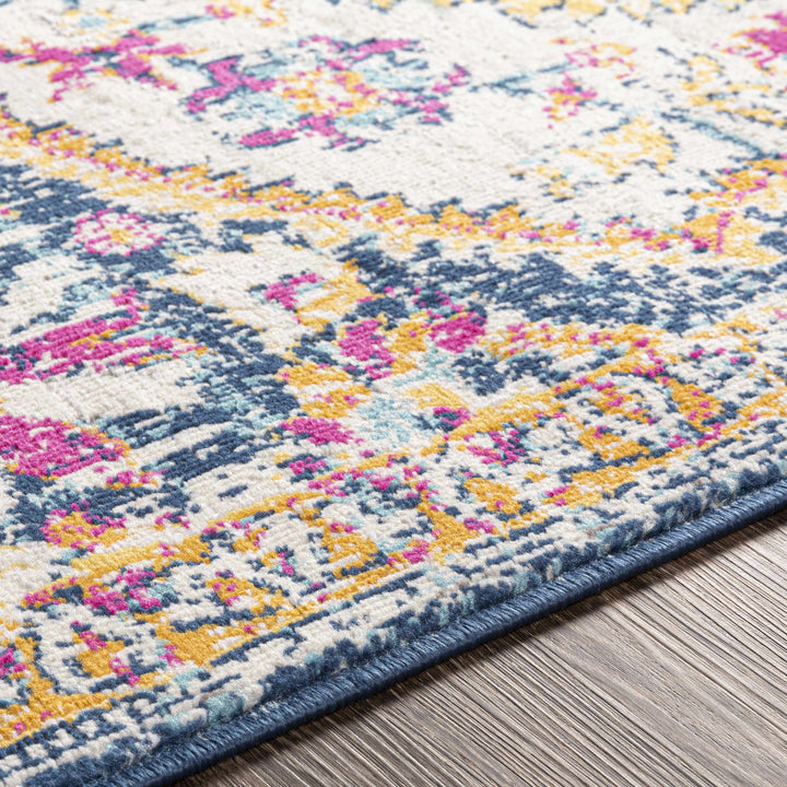 Pimperne Traditional Medallion Design Ivory And Blue Area Rug