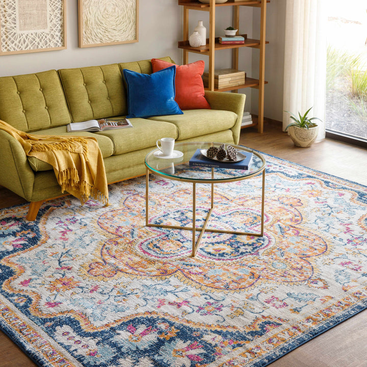 Pimperne Traditional Medallion Design Ivory And Blue Area Rug
