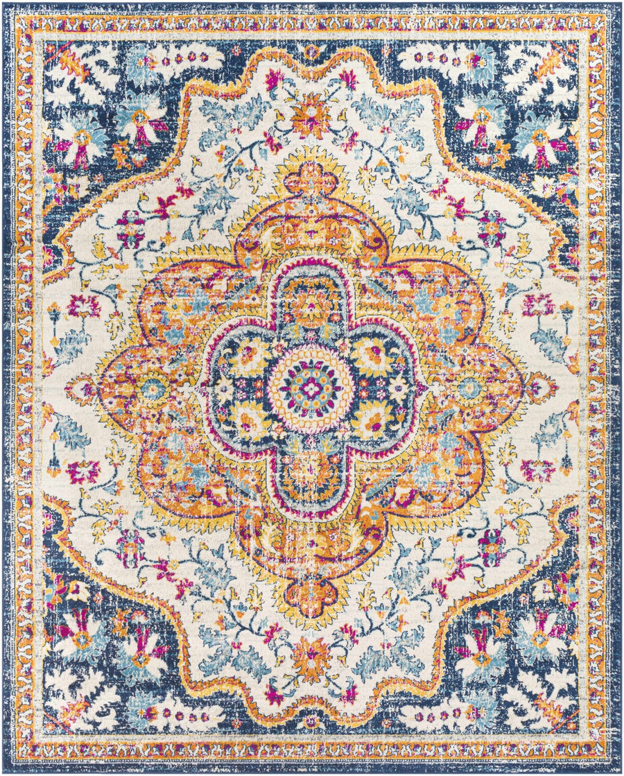 Pimperne Traditional Medallion Design Ivory And Blue Area Rug - The Rug Decor