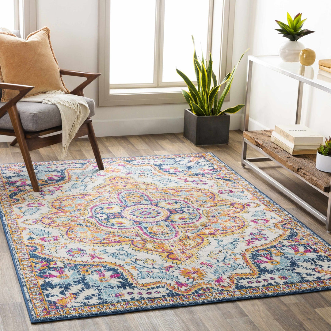 Pimperne Traditional Medallion Design Ivory And Blue Area Rug - The Rug Decor