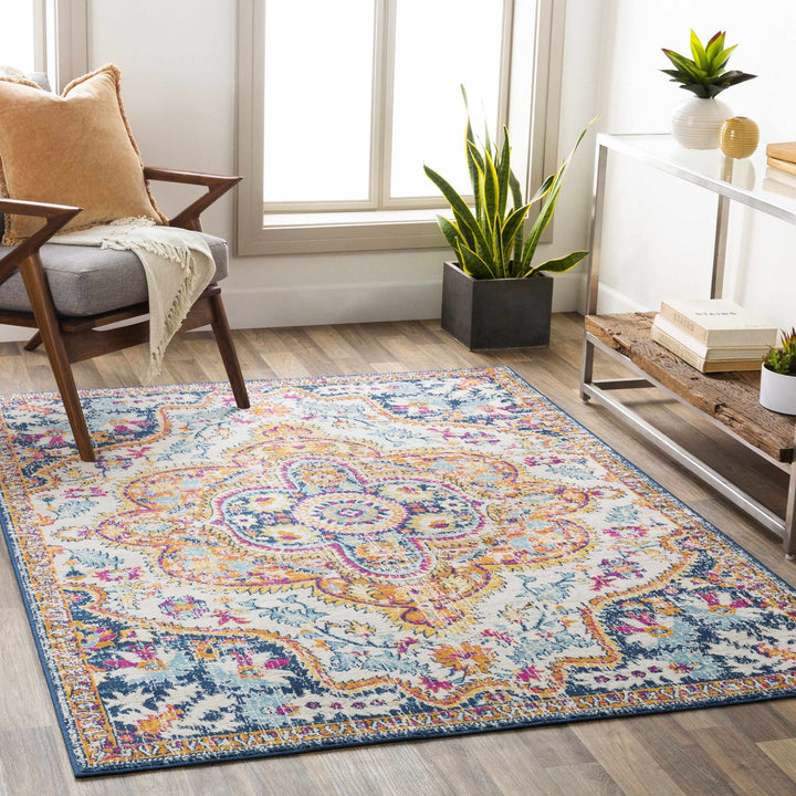 Pimperne Traditional Medallion Design Ivory And Blue Area Rug - The Rug Decor