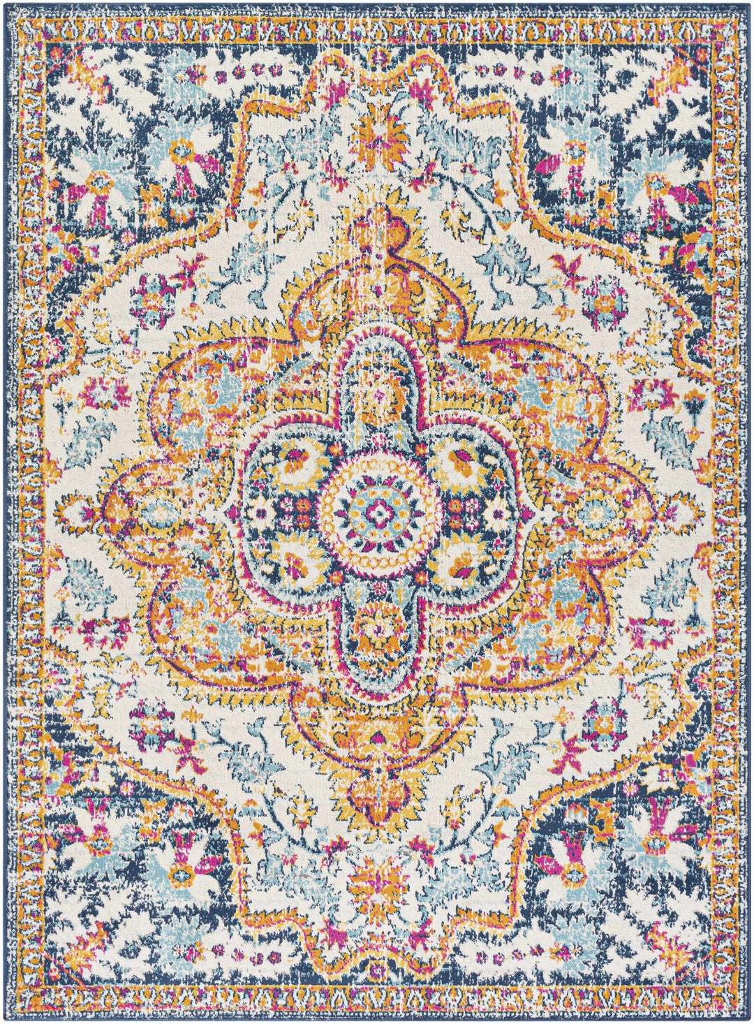 Pimperne Traditional Medallion Design Ivory And Blue Area Rug - The Rug Decor