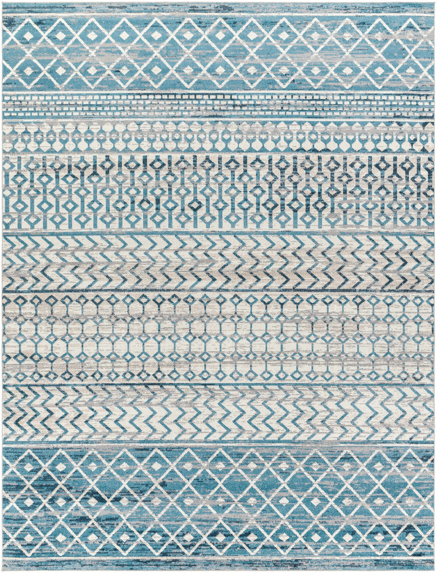 Blue geometric patterned area rug with layered border lines and chevrons