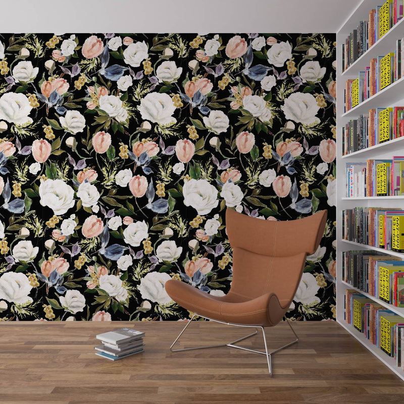 Pink, green, Ivory and Black Self - adhesive Rose Flower Printed Wallpaper - The Rug Decor