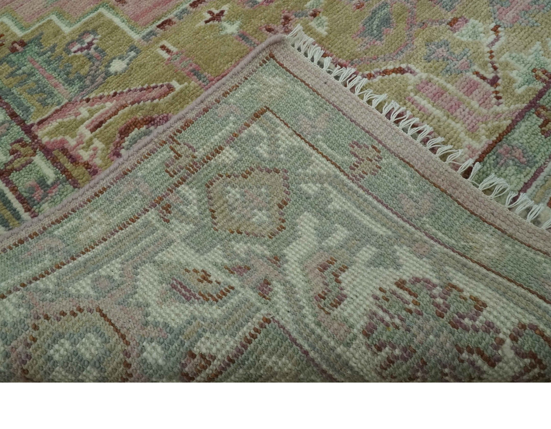 Pink, Ivory and Olive Hand Knotted 8x10 Traditional Heriz wool area rug - The Rug Decor